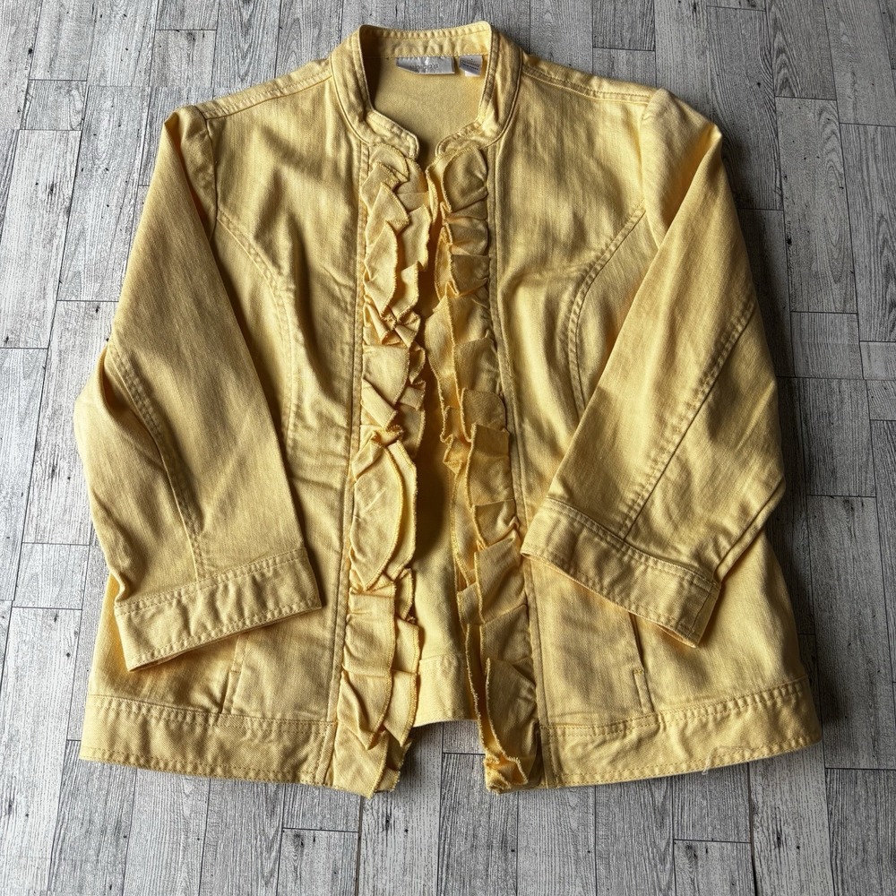 Denim Jacket Coat Ruffle Front 3/4 Sleeves Yellow Open Front Women Sz 1 CHICO'S